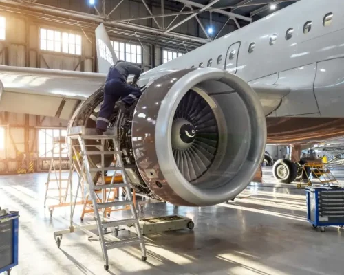 Techniker arbeitet am äußeren Bereich eines Flugzeugs, symbolisch für die Luft‑ und Raumfahrtindustrie.