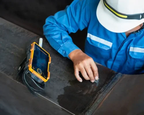 Techniker mit Schutzhelm untersucht eine Struktur mit einem Messgerät zur Darstellung der Ingenieur‑ und Technologieindustrie.