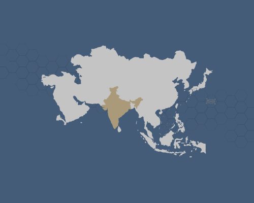 Indien ist auf einer Karte in Melchers‑Gold hervorgehoben und mit einem Standort‑Pin markiert.